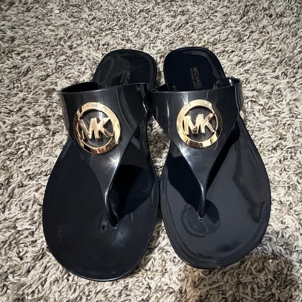 Michael Kors Glossy Black Sandals with Gold Logo